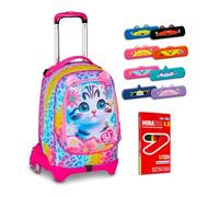 SJ GANG STYLE JAM GANG Trolley Scuola Jack 3 Ruote Cat&Air, Fucsia, 3 in 1, Zaino Triplo Uso con Carrello Sganciabile, 33 L, Zaino Scuola Elementare, Zaino Bambina+Set Matite 12 colori+ Astucci Mitama
