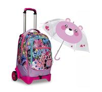 SJ GANG STYLE JAM GANG Zaino Scuola Con Carrello Sganciabile A 2 Ruote - Trolley Jack 2WD - GLEAMLED GIRL - 3 in 1 + Ombrello Rosa, Fantasia Orso