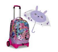 SJ GANG STYLE JAM GANG Zaino Scuola Con Carrello Sganciabile A 2 Ruote - Trolley Jack 2WD - GLEAMLED GIRL - 3 in 1 + Ombrello Viola, Fantasia Coniglio