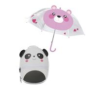 SJ GANG STYLE JAM GANG Zaino Small Scuola per Bambini, Fancy Animals, Bianco e Nero, Panda, Scuola e Tempo Libero + Ombrello Rosa, Fantasia Orso