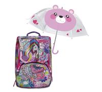 SJ Gang Zaino Scuola Elementare Estensibile Bambina + Ombrello Rosa Orsetto