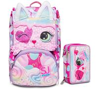 SJ Gang Zaino Scuola Estensibile, Rosa, HEART LOLLY, Doppio Scomparto, Zaino Scuola Bambina + Astuccio Triplo Scomparto
