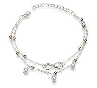 SJBAUTYO Boho - Cavigliera doppia con perle in argento,Cavigliera con perline di perle da spiaggia,cavigliera a figura 8 fortunata,cavigliera da donna regolabile,per donne e ragazze