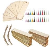SJBAUTYO Set di 72 segnalibri in legno bianco fai da te, composti da 24 segnalibri rettangolari + 24 nappe colorate + 24 corde per un tocco artigianale unico. Ideali per decorare libri