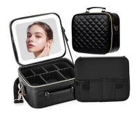 SJD - Trousse da viaggio con specchio a LED, organizer portatile con specchio illuminato, custodia impermeabile per pennelli cosmetici, borsa da toeletta nera, regalo da donna, Aggiornato-GW