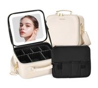 SJD - Trousse da viaggio con specchio a LED, organizer portatile con specchio illuminato, custodia impermeabile per pennelli cosmetici, borsa da toeletta nera, regalo da donna, Classic-Bianco