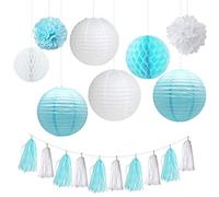 SJHFKDK Lanterne di Carta,Lanterne di Carta da Esterno Carta Festa di Compleanno Nozze Fai da Te Decor Set Paper Lantern Honeycomb Ball Pompom Flower Tassel Ghirland(Sky Blue)