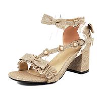 SJJH Sandali da donna con grazioso bowie e tacchi quadrati, gold, 38 EU