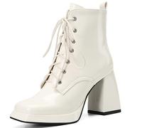 SJJH Stivali Combat Donna plateau | Pelle Lucida Punta Quadrata Città Sulla Strada, beige., 36 EU