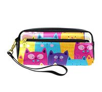 SJOAOAA Astuccio colorato in pelle PU con gatto blu, rosa, viola, giallo, astuccio per matite ad alta capacità, per ufficio, Come mostrato, Taglia unica, Organizer per borse