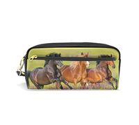 SJOAOAA Astuccio con animali cavalli che corrono erba fiori per studenti grande capacità cerniera portapenne in pelle PU cancelleria astuccio per trucchi comestic per ragazze ragazzi donne, Come