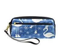 SJOAOAA Astuccio in pelle PU blu con fenicottero con cappello natalizio e fiocchi di neve, astuccio per matite ad alta capacità, per ufficio, Come mostrato, Taglia unica, Organizer per borse