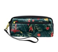 SJOAOAA Astuccio in pelle PU con foglie verdi tropicali e fiori rossi, astuccio per matite ad alta capacità, per ufficio, Come mostrato, Taglia unica, Organizer per borse