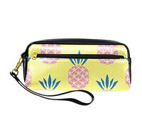 SJOAOAA Astuccio in pelle PU con motivo ananas rosa, sfondo giallo, astuccio per matite ad alta capacità, per ufficio, Come mostrato, Taglia unica, Organizer per borse