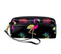 SJOAOAA Astuccio in pelle PU nera con fenicottero rosa giallo e ananas, astuccio per matite ad alta capacità, per ufficio, Come mostrato, Taglia unica, Organizer per borse