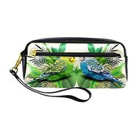 SJOAOAA Astuccio in pelle PU verde e blu con pappagallo in foglie, astuccio per matite ad alta capacità, per ufficio, Come mostrato, Taglia unica, Organizer per borse