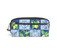 SJOAOAA Astuccio per matite di grande capacità, con tessere a mosaico blu, foglie di limone, in pelle, con scomparto con cerniera, organizer scolastico, borsa per cancelleria, Come mostrato, Taglia