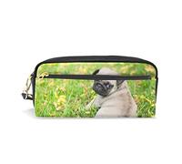 SJOAOAA Baby Pug Dog On Flower Grass Pencil Case Pencil Pouch Bag PU Pelle Ufficio Scuola Studente Cancelleria Matita Penna Organizzatore Cosmetico Trucco Caso Bag, Come mostrato, Taglia unica,