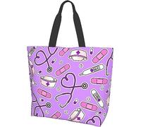 SJOAOAA Borsa a tracolla in tela a tema infermiera, casual, riutilizzabile, grande, da donna, per shopping, lavoro, viaggi, spiaggia, Infermiera Love Print Viola 3, Taglia unica