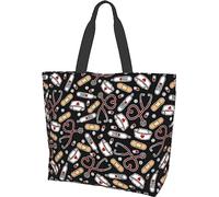 SJOAOAA Borsa a tracolla in tela a tema infermiera, casual, riutilizzabile, grande, da donna, per shopping, lavoro, viaggi, spiaggia, Stampa infermiera amore nero 6, Taglia unica