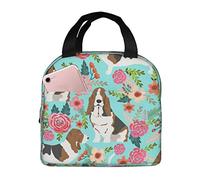 SJOAOAA Sweet Basset Hound Florals - Borsa termica per il pranzo, a prova di perdite, con tasca frontale, resistente all'acqua