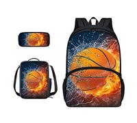 SJOAOAA Zaino per studenti con borsa per il pranzo per libri scolastici astuccio per bambini borsa per la scuola set 3 in 1 borsa junior zaino da trekking, Basketbal del fuoco dell'acqua, Taglia