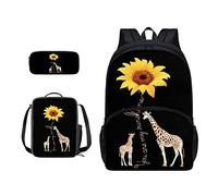 SJOAOAA Zaino per studenti con borsa per il pranzo per libri scolastici astuccio per bambini borsa per la scuola set 3 in 1 borsa junior zaino da trekking, Giraffa e Sunflowe, Taglia unica, Organizer