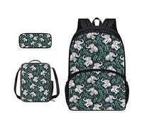 SJOAOAA Zaino per studenti con borsa per il pranzo per libri scolastici astuccio per bambini borsa per la scuola set 3 in 1 borsa junior zaino da trekking, Foglia Verde Ele, Taglia unica, Organizer