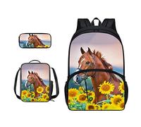 SJOAOAA Zaino per studenti con borsa per il pranzo per libri scolastici astuccio per bambini borsa per la scuola set 3 in 1 borsa junior zaino da trekking, Cavallo e Girasoli, Taglia unica, Organizer