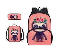 SJOAOAA Zaino per studenti con borsa per il pranzo per libri scolastici astuccio per bambini borsa per la scuola set 3 in 1 borsa junior zaino da trekking, Sloth rosa., Taglia unica, Organizer per