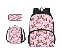 SJOAOAA Zaino per studenti con borsa per il pranzo per libri scolastici astuccio per bambini borsa per la scuola set 3 in 1 borsa junior zaino da trekking, Farfalle rosa Flo, Taglia unica, Organizer