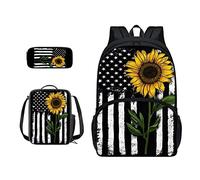 SJOAOAA Zaino per studenti con borsa per il pranzo per libri scolastici astuccio per bambini borsa per la scuola set 3 in 1 borsa junior zaino da trekking, Bandiera americana Sunflo, Taglia unica,