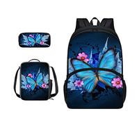 SJOAOAA Zaino per studenti con borsa per il pranzo per libri scolastici astuccio per bambini borsa per la scuola set 3 in 1 borsa junior zaino da trekking, Blu Farfalla Flowe, Taglia unica, Organizer