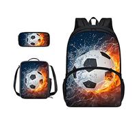 SJOAOAA Zaino per studenti con borsa per il pranzo per libri scolastici astuccio per bambini borsa per la scuola set 3 in 1 borsa junior zaino da trekking, Acqua Fuoco Calcio, Taglia unica, Organizer