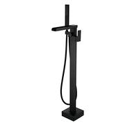 SJQKA Rubinetto Per Vasca Pavimento In Piedi Da Bagno Con Beccuccio A Cascata E Spruzzatore A Mano,Freestanding Rubinetti Per Vasca, Nero（collegamento interno）