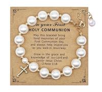 SJUIEO Braccialetti per Prima Comunione Regali per Ragazze Bracciale Cattolico per Prima Comunione con Croce di Perle Placcate in Oro