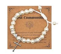 SJUIEO Rosario Croce Bracciale di perle regolabile Battesimo Comunione Cresima cattolica Regali di Pasqua per ragazze Nipote Figlia Nipote (Bianco)