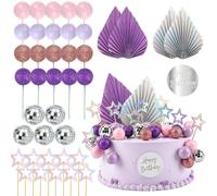 SJUNJIE 40 decorazioni per torte a forma di palla da discoteca, viola, rosa | Palline da discoteca topper per torte a sfera da discoteca decorazione per torte cantanti stelle viola rosa foglie di palma