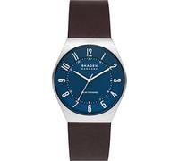 Skagen Grenen Watch for Men, Movimento a tre lancette a energia solare con cinturino in acciaio inossidabile o in pelle, 37 mm, Marrone scuro e blu
