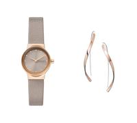 Skagen orologio da donna Freja Lille in pelle grigia e orecchini Kariana in acciaio inossidabile color oro rosa, set