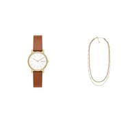 Skagen orologio da donna in pelle marrone Signatur Lille e collana in acciaio inossidabile color oro Merete, set