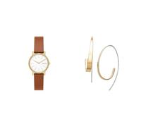 Skagen orologio da donna in pelle marrone Signatur Lille e orecchini Kariana in acciaio inossidabile color oro, set