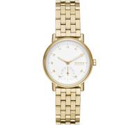 Skagen Orologio Kuppel per donna, movimento al quarzo a tre lancette con cinturino in acciaio inossidabile, tessuto o pelle, 32 mm, Tono oro e bianco