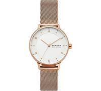 Skagen Orologio RIIS per donna, Movimento al quarzo a tre lancette con cinturino in acciaio inossidabile o in pelle, 36 mm, Tono oro rosa e bianco