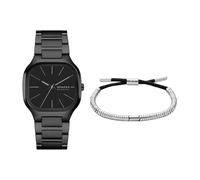 Skagen Uomo Orologio in Acciaio Inossidabile Nero Mellem e Bracciale in Pelle Argentato, Set