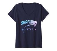 Skagway Alaska Orca Wale Souvenir Pride Vintage Maglietta con Collo a V, Donna, Navy, S