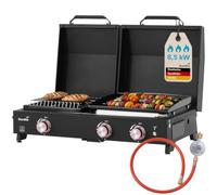 Skandika Eldur Plus - Piastra grill a 3 bruciatori con coperchio, 3 bruciatori, barbecue a gas portatile con piastra di cottura, per esterni, campeggio, piastra a gas, griglia a gas, barbecue da