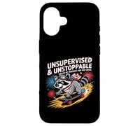 Skateboard Raccoon senza supervisione Chaos Freedom Funny Art Custodia per iPhone 16