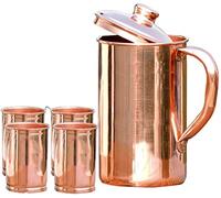 SKAVIJ Brocca in rame puro con coperchio e 4 bicchieri set brocca per acqua solida (1,6 litri)