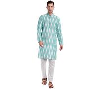 SKAVIJ Kurta Pigiama da Uomo 100% Cotone Indiano Etnico Henley Camicia a Maniche Lunghe e Pantaloni Casual Completi da Yoga (Mare verde, Large)
